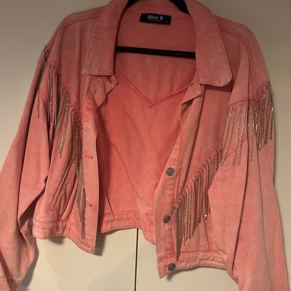 Blue B Pink Fringe Embellished Denim Jacket